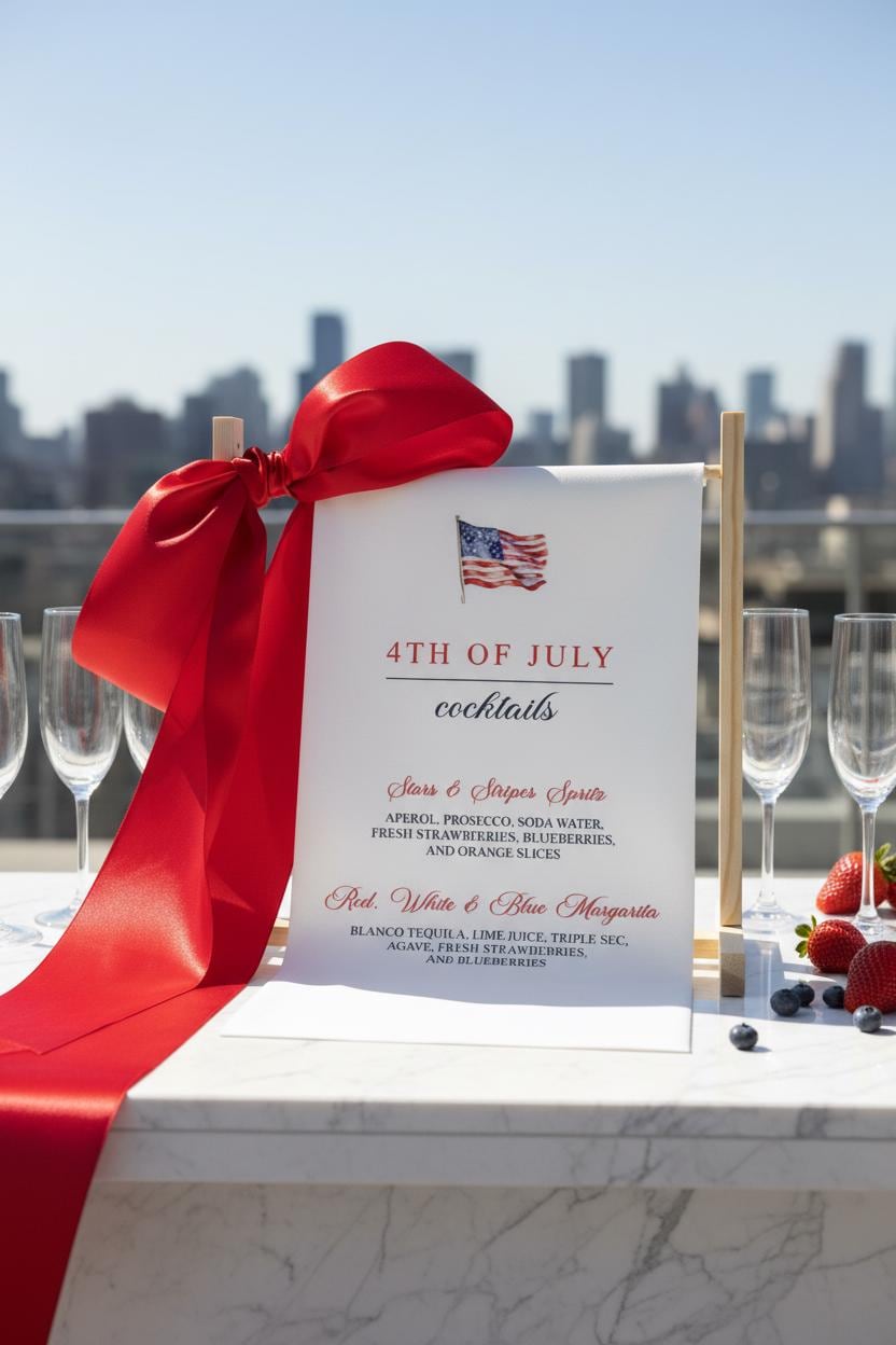 4th of July Cocktail Bar Sign | Satin Fabric Drink Menu | Patriotic Party Signage Decor
