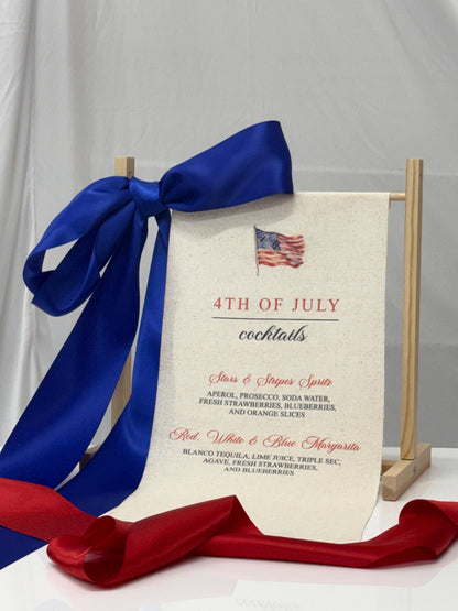 4th of July Cocktail Bar Sign | Linen Fabric Drink Menu | Patriotic Party Signage Decor