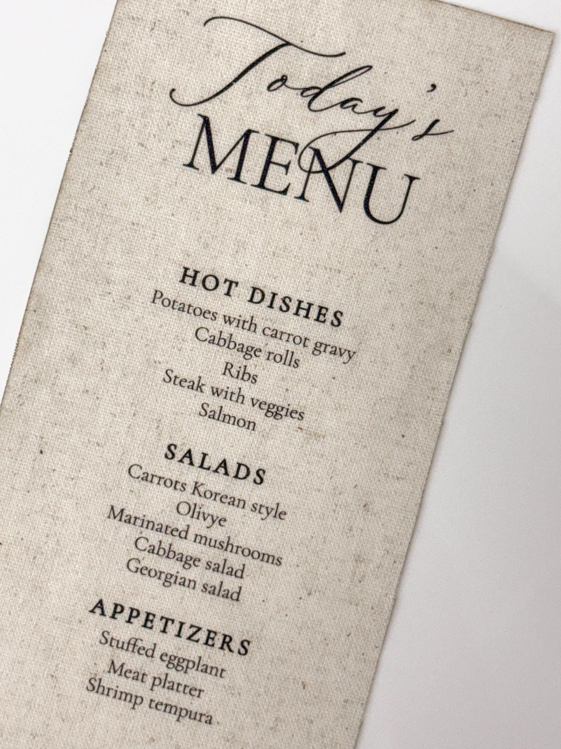 Linen Wedding Menu | Custom Fabric Menu | Wedding Reception Menu | Luxury Table Setting | Linen Wedding Decor