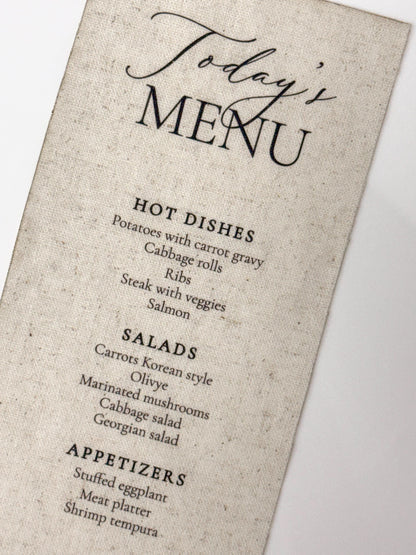 Linen Wedding Menu | Custom Fabric Menu | Wedding Reception Menu | Luxury Table Setting | Linen Wedding Decor