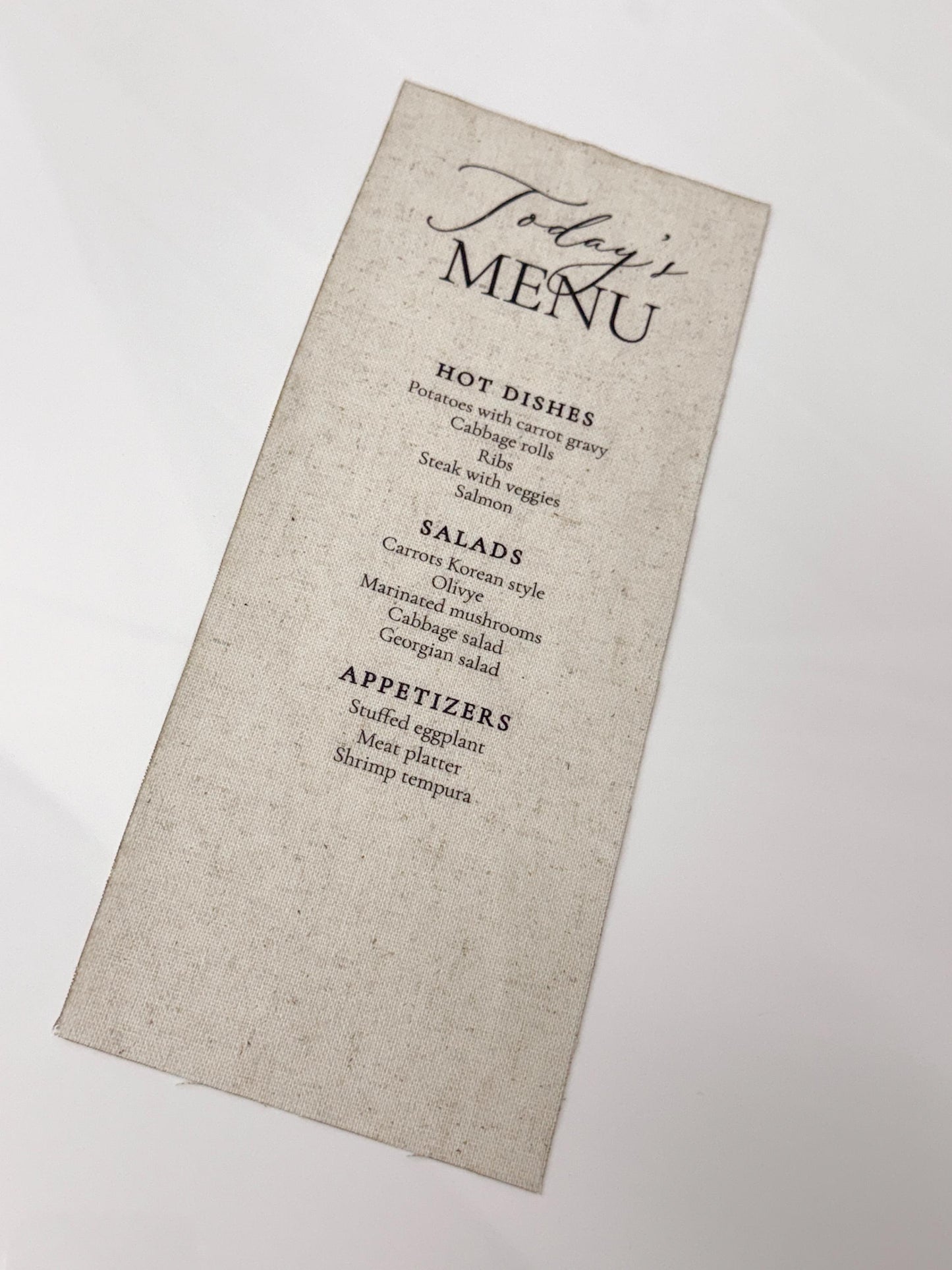 Linen Wedding Menu | Custom Fabric Menu | Wedding Reception Menu | Luxury Table Setting | Linen Wedding Decor