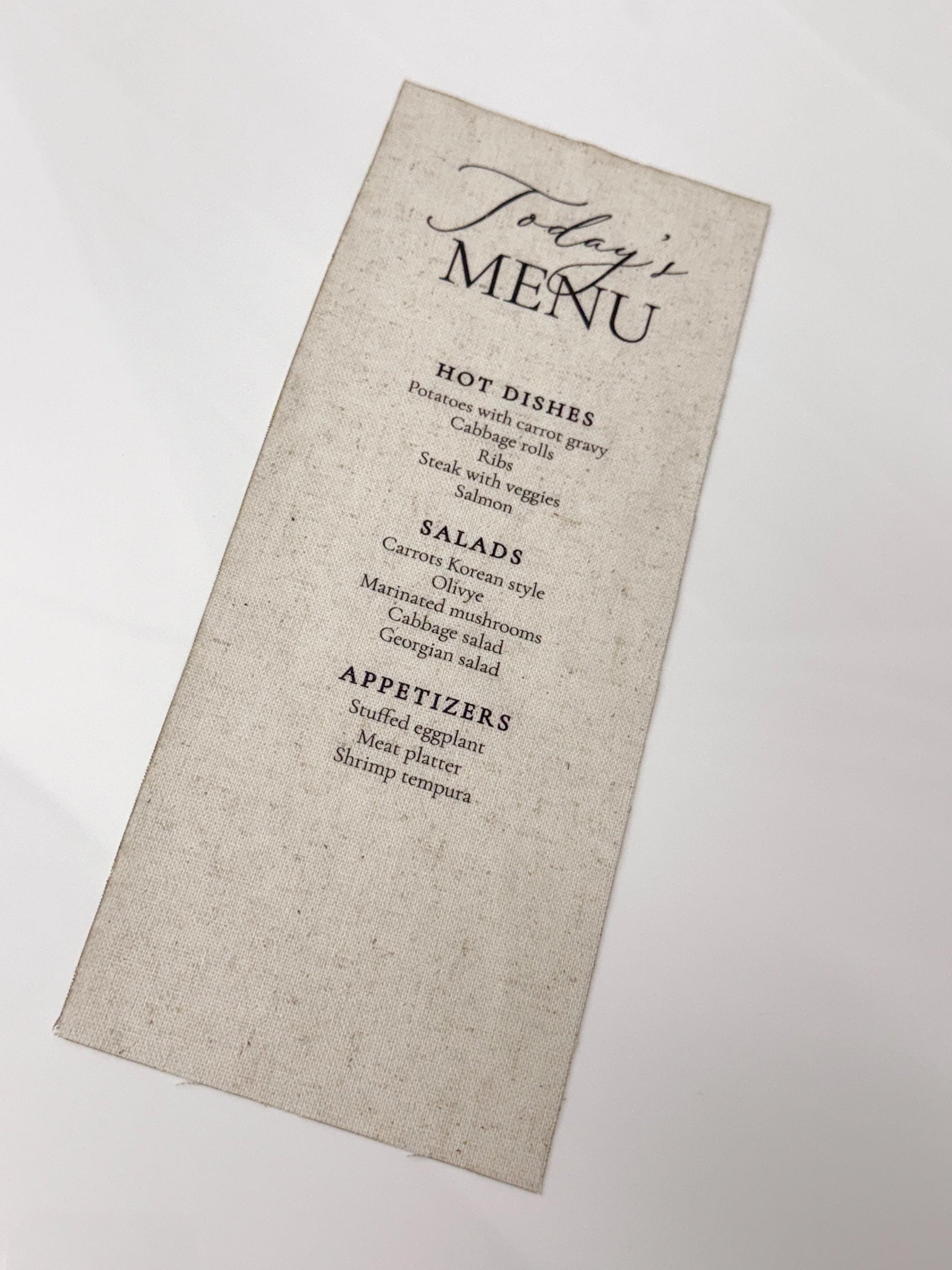 Linen Wedding Menu | Custom Fabric Menu | Wedding Reception Menu | Luxury Table Setting | Linen Wedding Decor