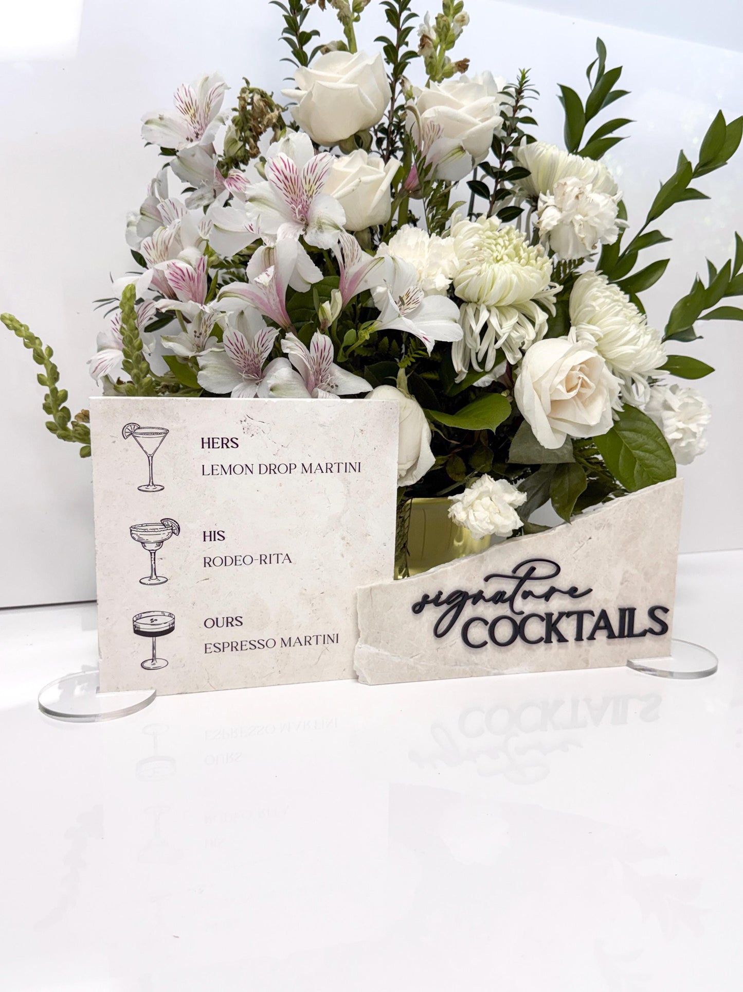 Modern Marble Signature Cocktails Sign with Drink Illustrations | Wedding Bar Menu Sign | Stone Drink Menu | His Hers Ours Cocktails