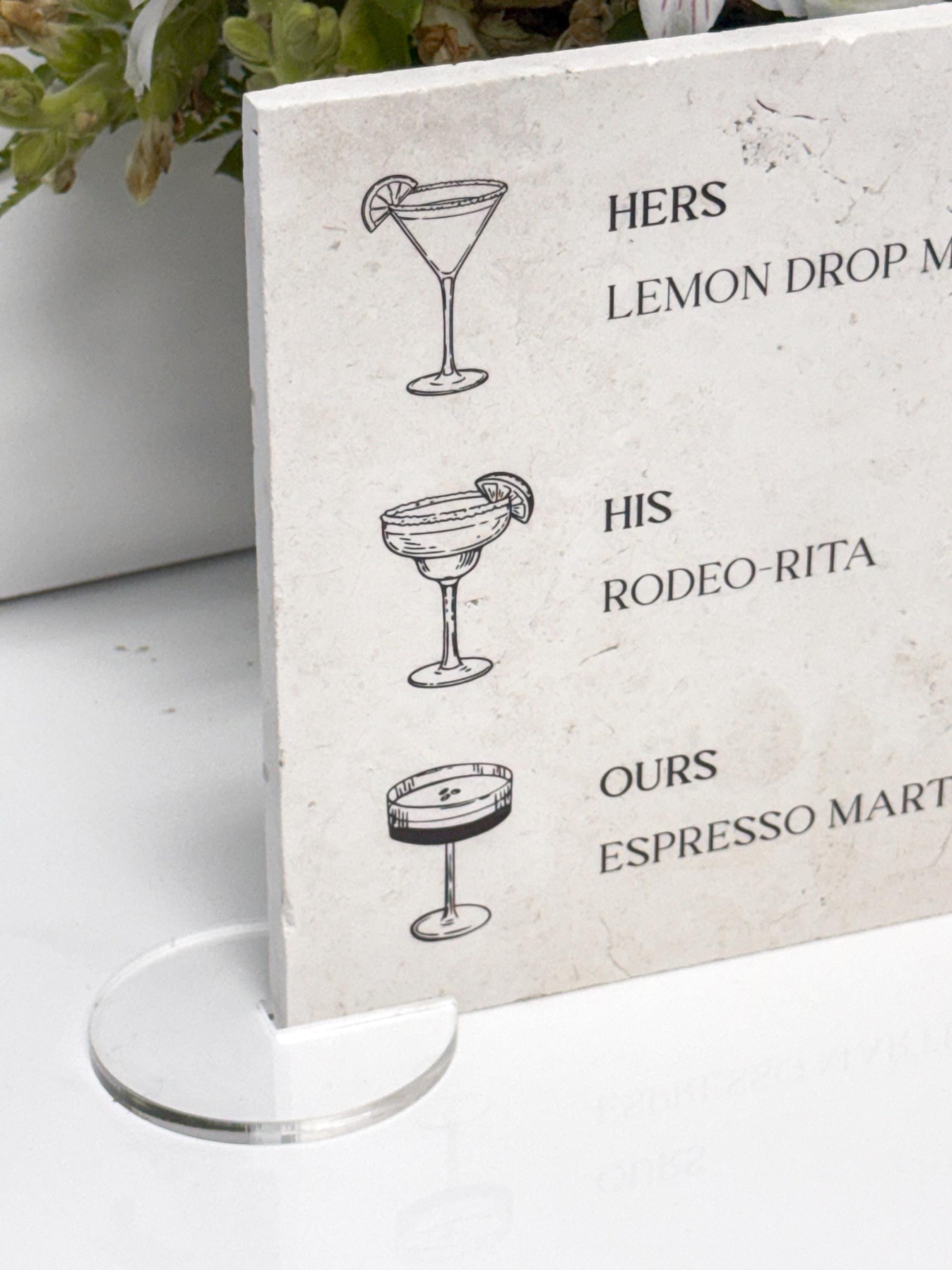 Modern Marble Signature Cocktails Sign with Drink Illustrations | Wedding Bar Menu Sign | Stone Drink Menu | His Hers Ours Cocktails