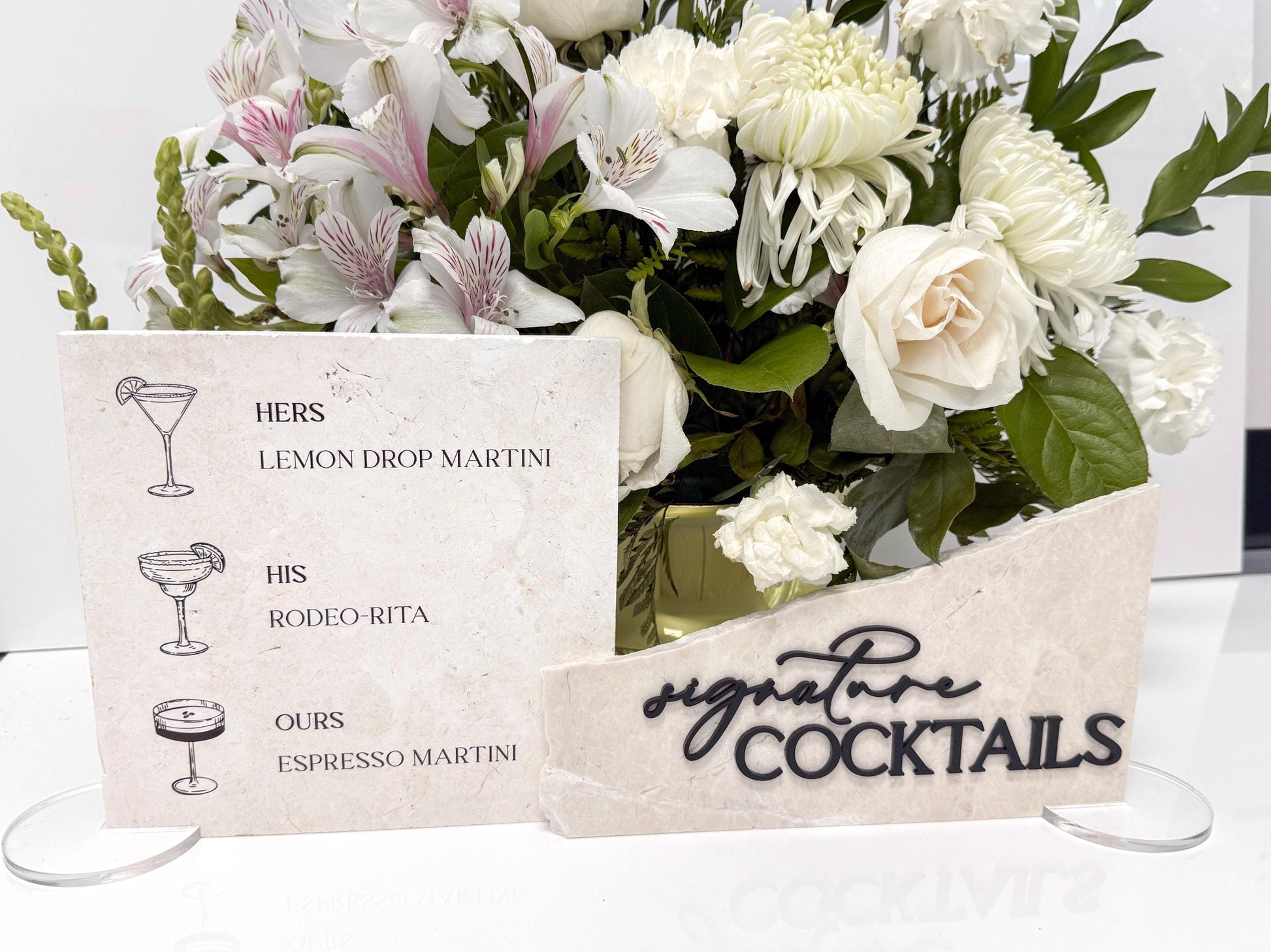 Modern Marble Signature Cocktails Sign with Drink Illustrations | Wedding Bar Menu Sign | Stone Drink Menu | His Hers Ours Cocktails