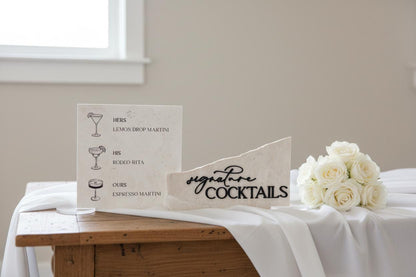 Modern Marble Signature Cocktails Sign with Drink Illustrations | Wedding Bar Menu Sign | Stone Drink Menu | His Hers Ours Cocktails