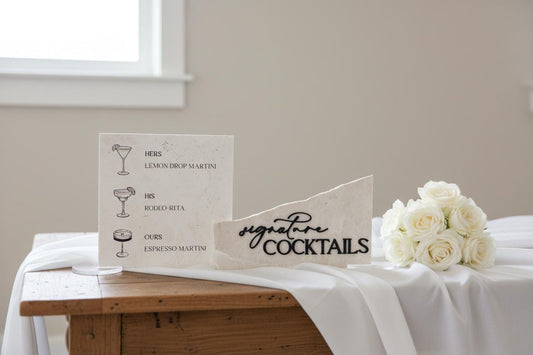 Modern Marble Signature Cocktails Sign with Drink Illustrations | Wedding Bar Menu Sign | Stone Drink Menu | His Hers Ours Cocktails
