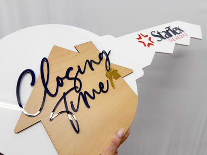 Personalized Realtor Key with Logo | Closing Time Realty | House Sold Acrylic and Wood Sign | Closing Prop | Realtor Gift Sold Sign
