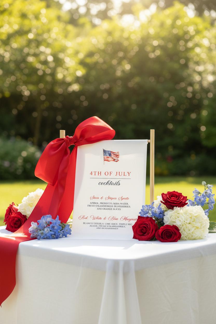 4th of July Cocktail Bar Sign | Satin Fabric Drink Menu | Patriotic Party Signage Decor