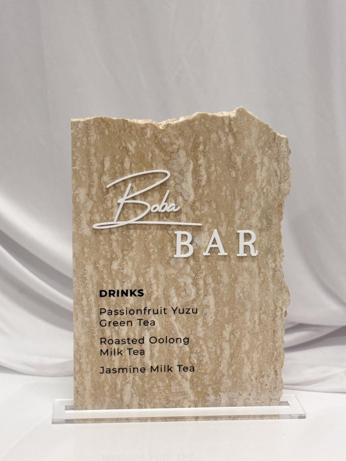 Travertine Boba Bar Sign | Wedding Beverage Station Menu Stone