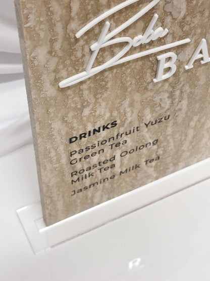 Travertine Boba Bar Sign | Wedding Beverage Station Menu Stone