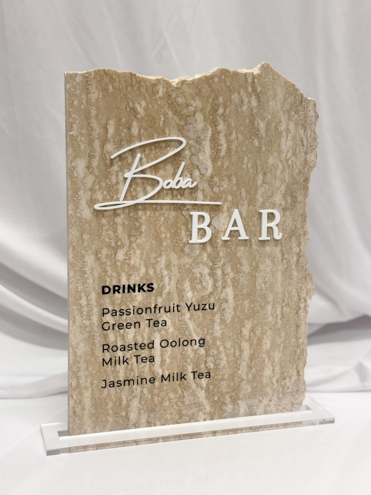 Travertine Boba Bar Sign | Wedding Beverage Station Menu Stone