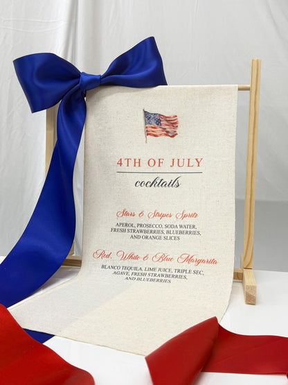 4th of July Cocktail Bar Sign | Linen Fabric Drink Menu | Patriotic Party Signage Decor