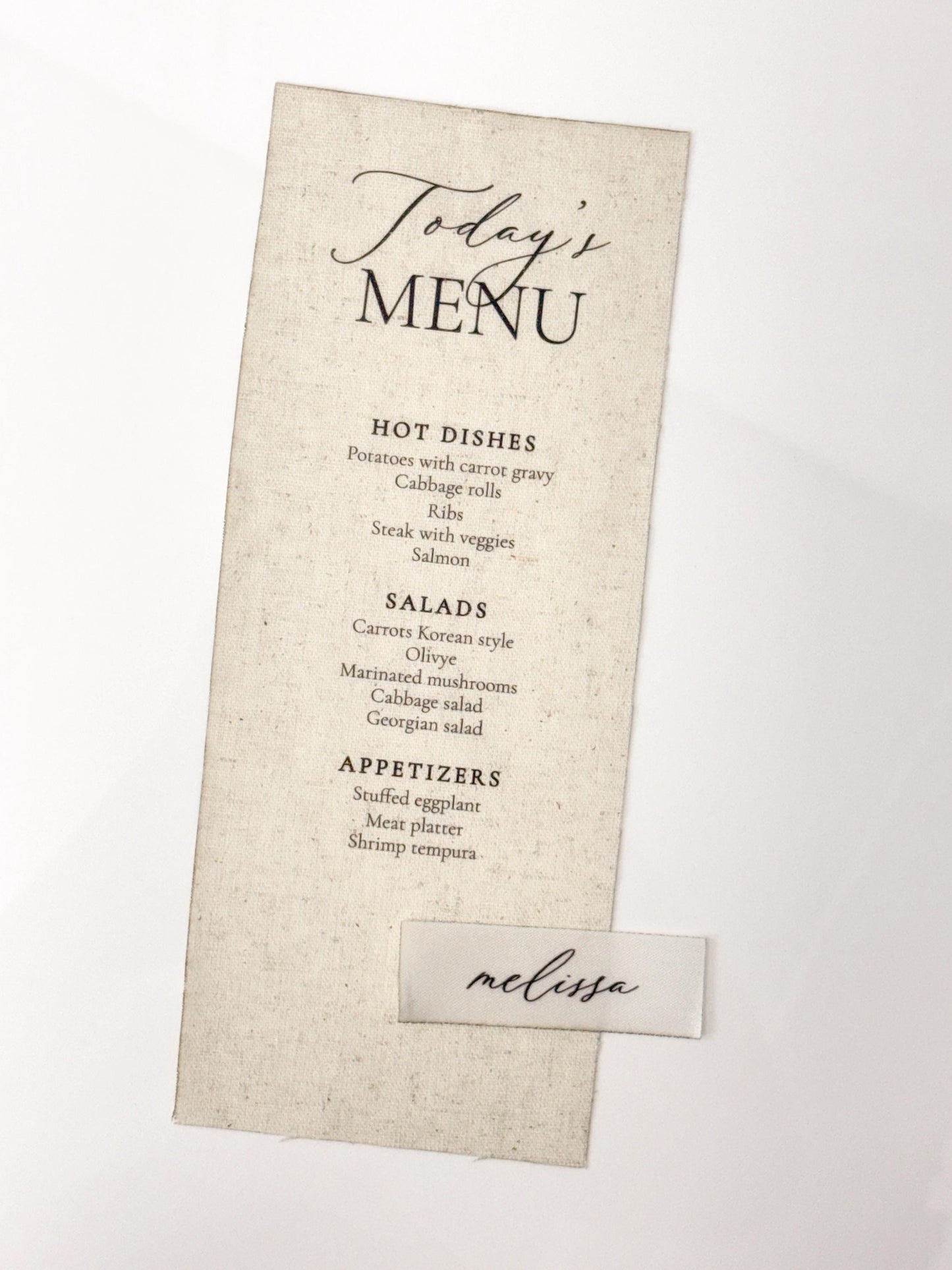 Linen Wedding Menu | Custom Fabric Menu | Wedding Reception Menu | Luxury Table Setting | Linen Wedding Decor