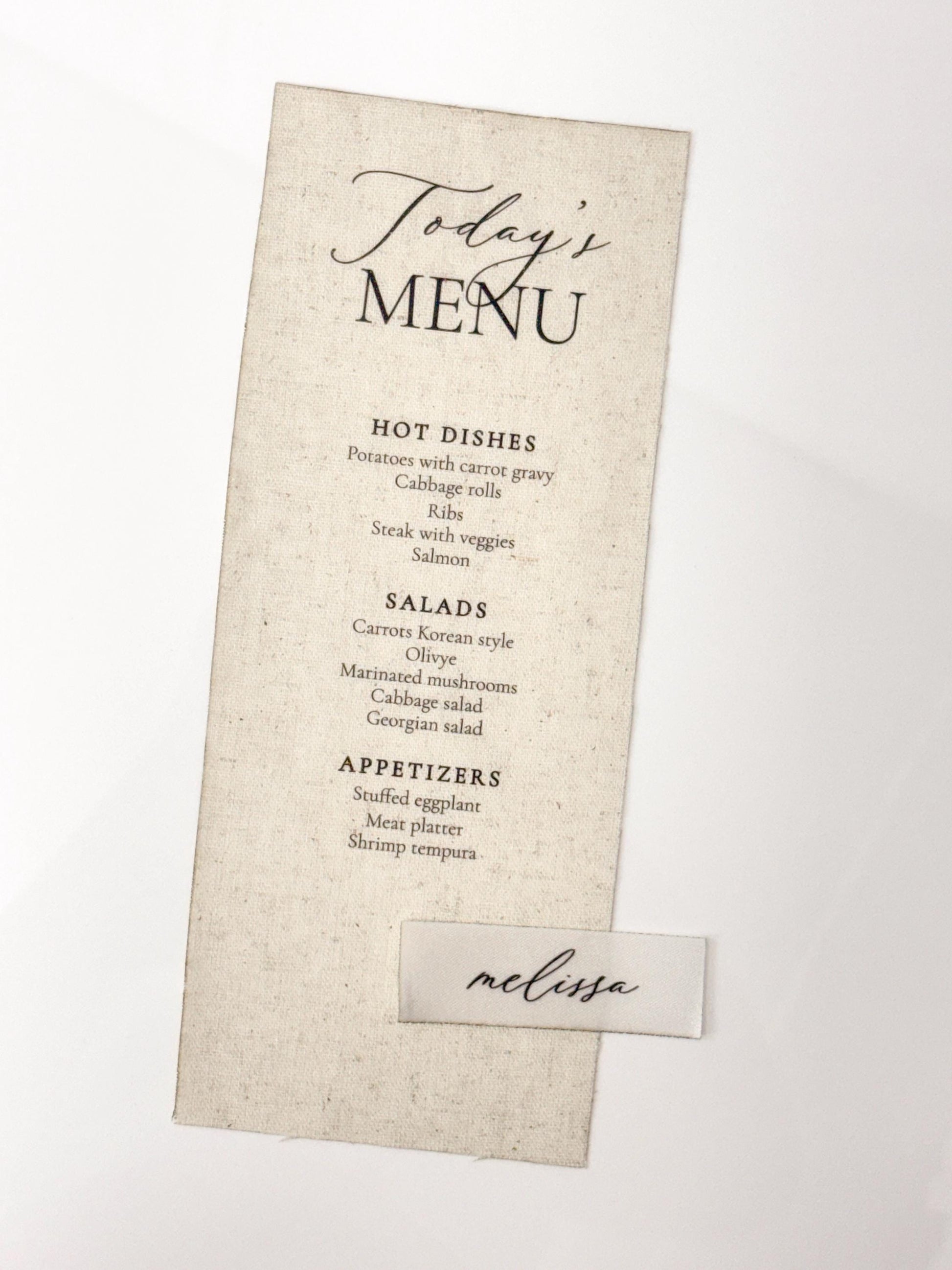 Linen Wedding Menu | Custom Fabric Menu | Wedding Reception Menu | Luxury Table Setting | Linen Wedding Decor