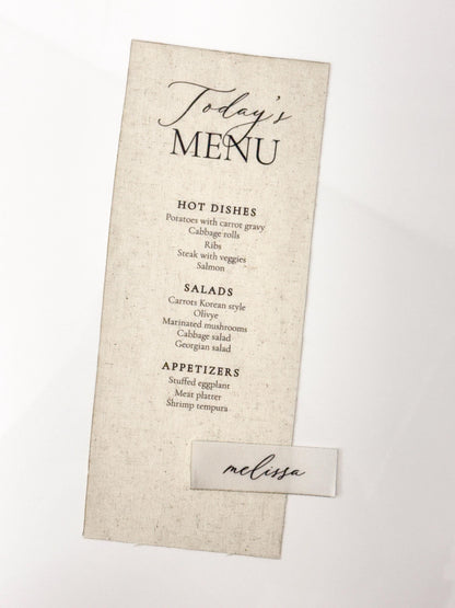 Linen Wedding Menu | Custom Fabric Menu | Wedding Reception Menu | Luxury Table Setting | Linen Wedding Decor