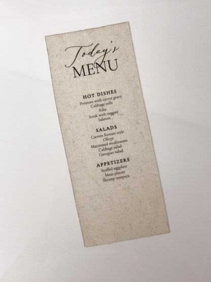 Linen Wedding Menu | Custom Fabric Menu | Wedding Reception Menu | Luxury Table Setting | Linen Wedding Decor