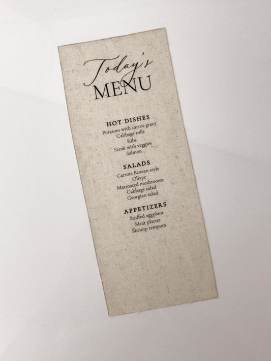 Linen Wedding Menu | Custom Fabric Menu | Wedding Reception Menu | Luxury Table Setting | Linen Wedding Decor