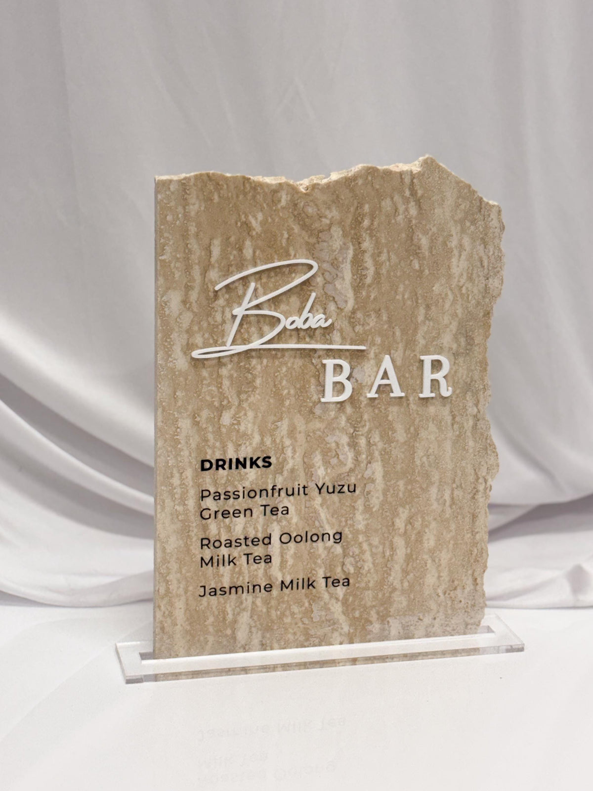 Travertine Boba Bar Sign | Wedding Beverage Station Menu Stone