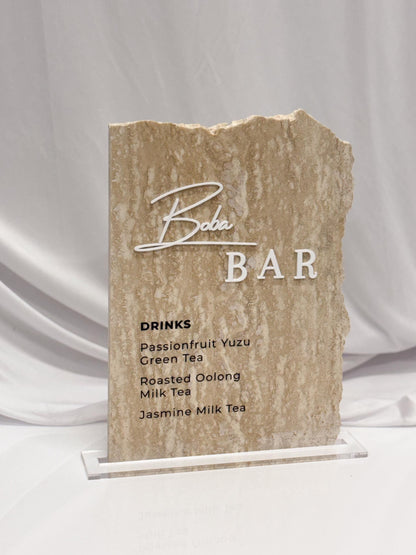 Travertine Boba Bar Sign | Wedding Beverage Station Menu Stone