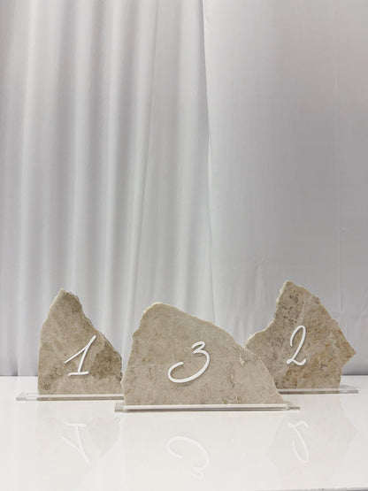3D Marble Stone Acrylic Table Number Sign | Unique Wedding Signage | Custom Layered Decor | Travertine Marble | Modern Reception Decor