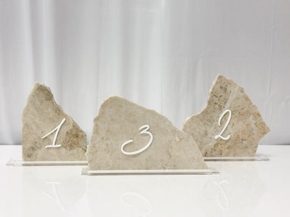 3D Marble Stone Acrylic Table Number Sign | Unique Wedding Signage | Custom Layered Decor | Travertine Marble | Modern Reception Decor