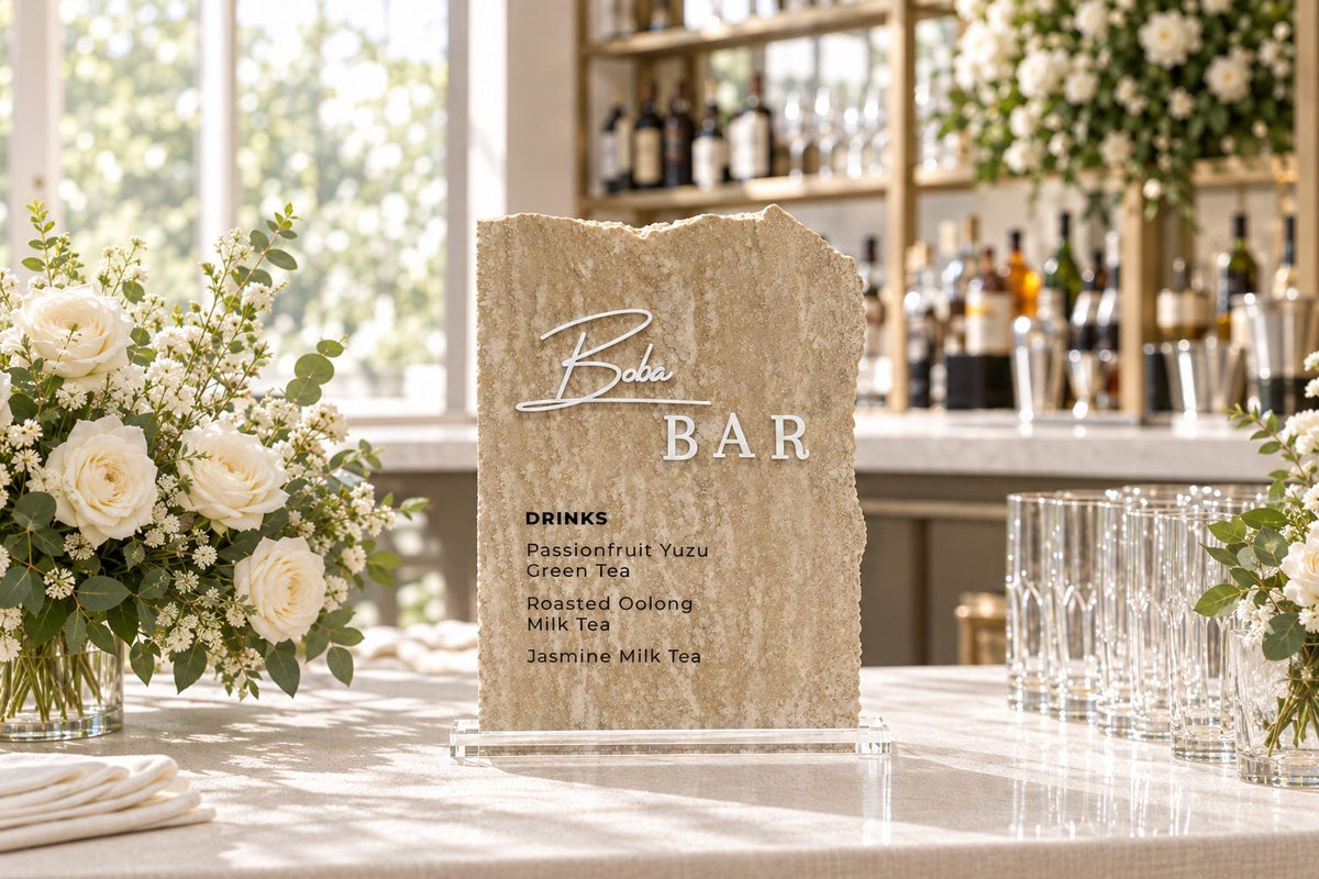 Travertine Boba Bar Sign | Wedding Beverage Station Menu Stone