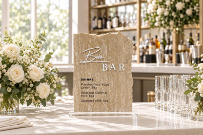 Travertine Boba Bar Sign | Wedding Beverage Station Menu Stone