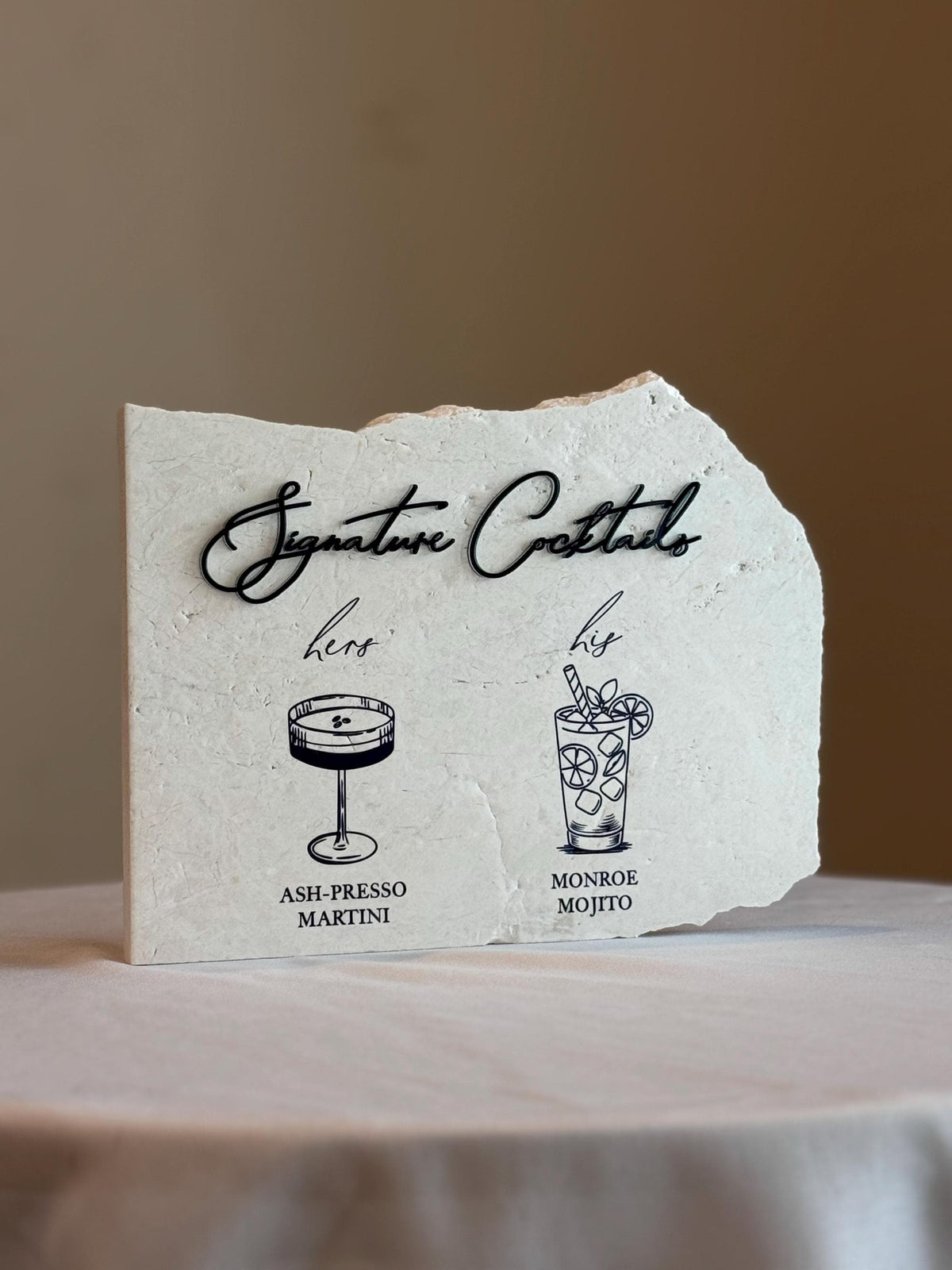 Custom Stone Cocktail Bar Sign | 3D Acrylic Lettering, UV Printed (Wedding Menu)