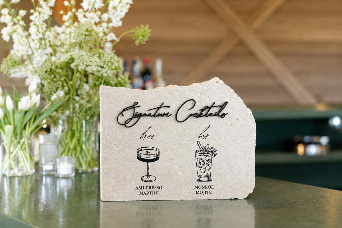 Custom Stone Cocktail Bar Sign | 3D Acrylic Lettering, UV Printed (Wedding Menu)