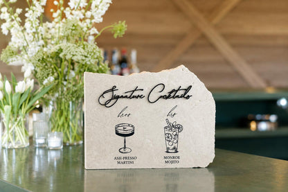 Custom Stone Cocktail Bar Sign | 3D Acrylic Lettering, UV Printed (Wedding Menu)