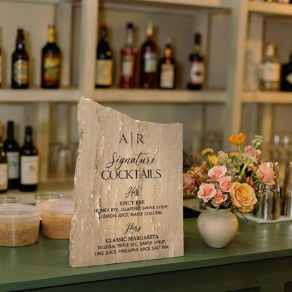 Matte Travertine Stone Bar Sign | Wedding Unique Signage | Custom Drink Menu | Signature Cocktails | Wedding Bar Decor