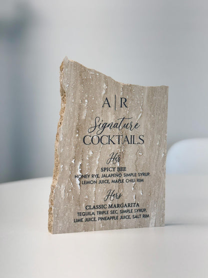 Matte Travertine Stone Bar Sign | Wedding Unique Signage | Custom Drink Menu | Signature Cocktails | Wedding Bar Decor