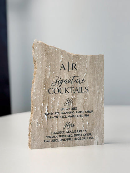 Matte Travertine Stone Bar Sign | Wedding Unique Signage | Custom Drink Menu | Signature Cocktails | Wedding Bar Decor