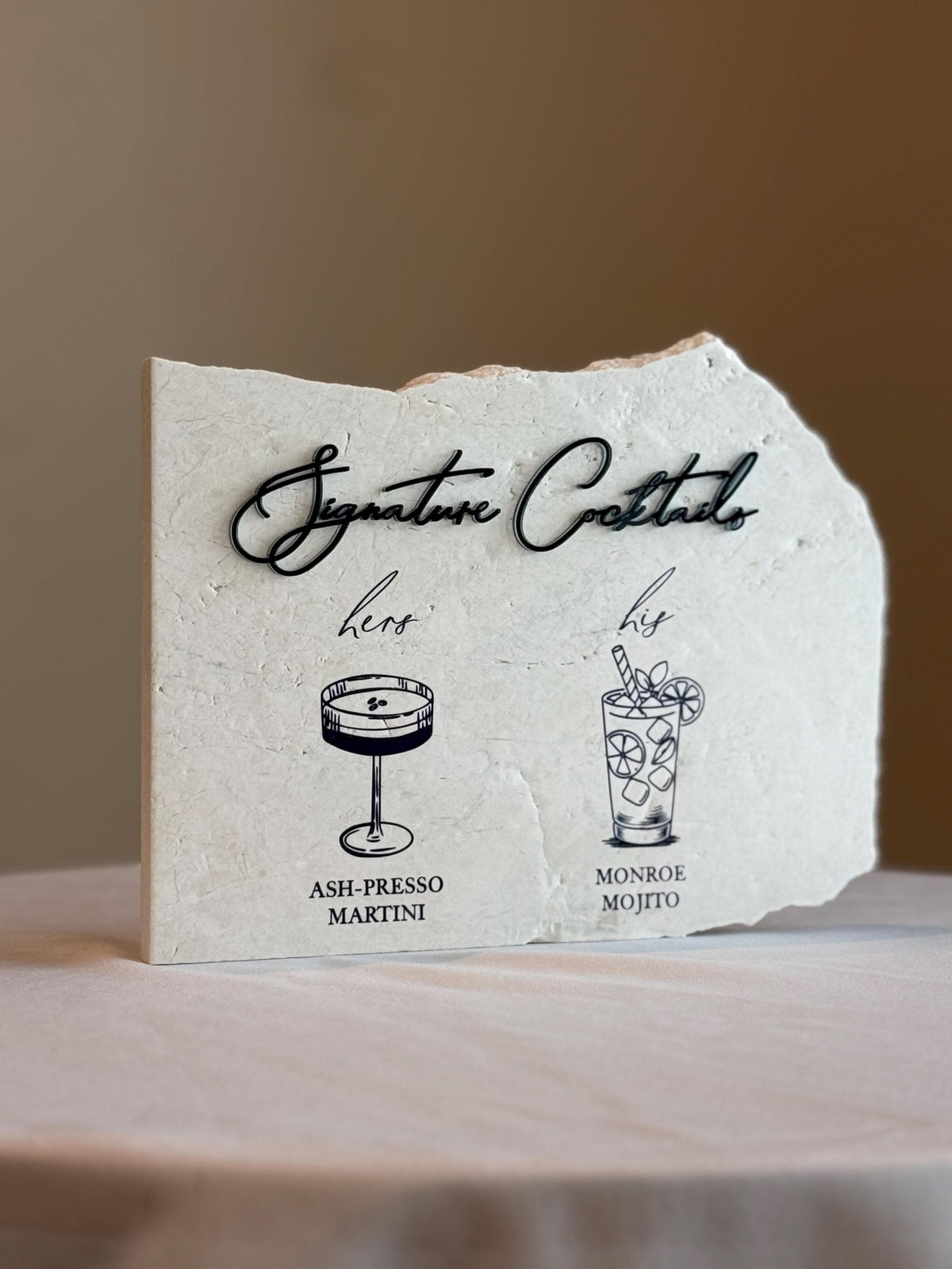 Custom Stone Cocktail Bar Sign | 3D Acrylic Lettering, UV Printed (Wedding Menu)