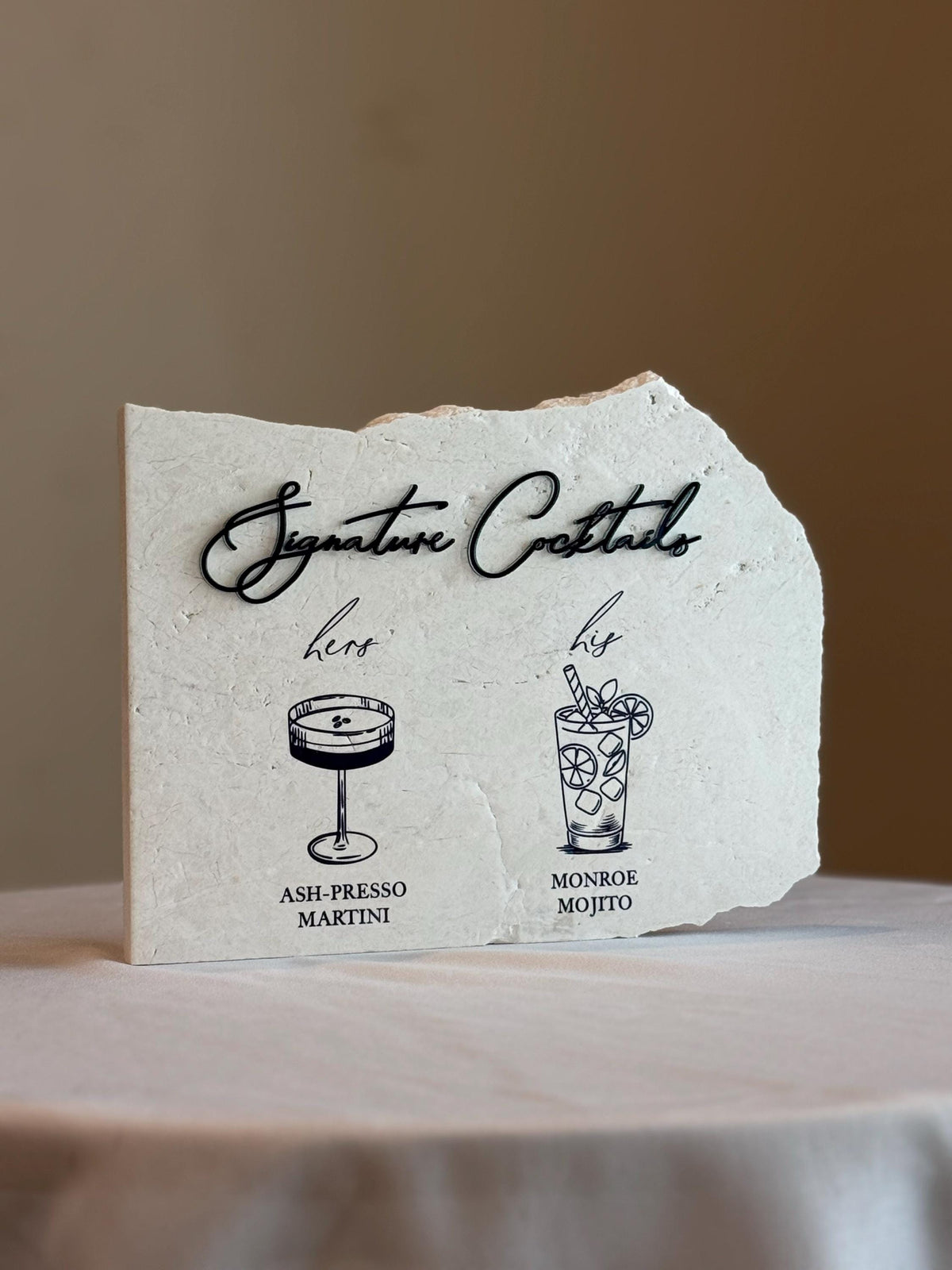 Custom Stone Cocktail Bar Sign | 3D Acrylic Lettering, UV Printed (Wedding Menu)
