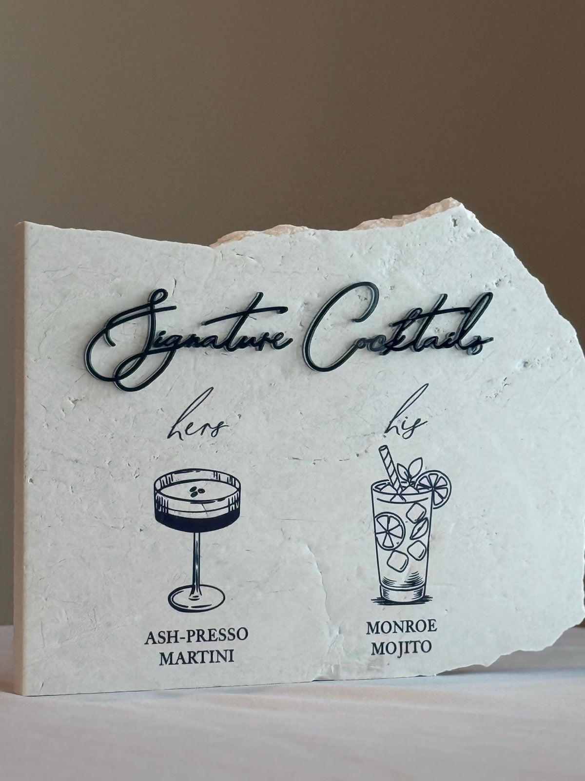 Custom Stone Cocktail Bar Sign | 3D Acrylic Lettering, UV Printed (Wedding Menu)