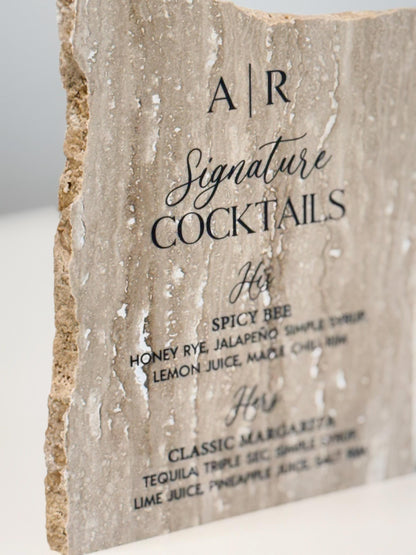 Matte Travertine Stone Bar Sign | Wedding Unique Signage | Custom Drink Menu | Signature Cocktails | Wedding Bar Decor