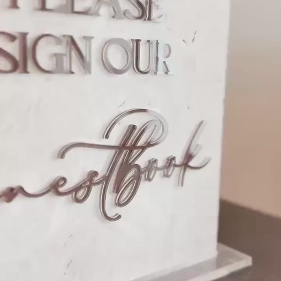 Marble 3D Guestbook Table Sign | Wedding Sign | Modern Wedding Decor | Favor Sign | Party Tabletop Signs | Gold Mirror | Please sign our
