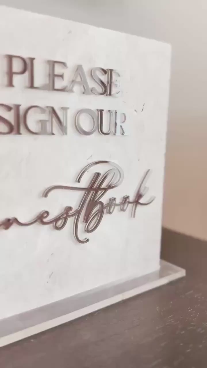 Marble 3D Guestbook Table Sign | Wedding Sign | Modern Wedding Decor | Favor Sign | Party Tabletop Signs | Gold Mirror | Please sign our