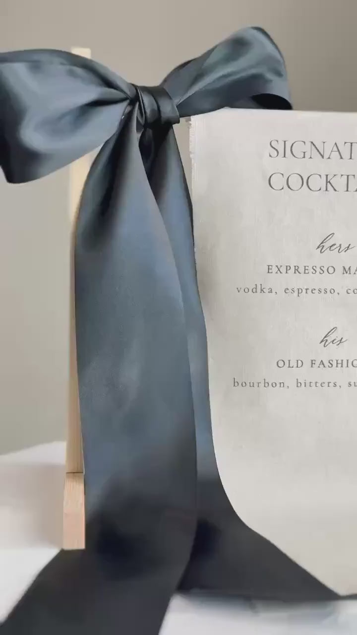 Signature Cocktails Wedding Bar Sign | Linen Drink Menu | Modern Reception Signage with Ribbon