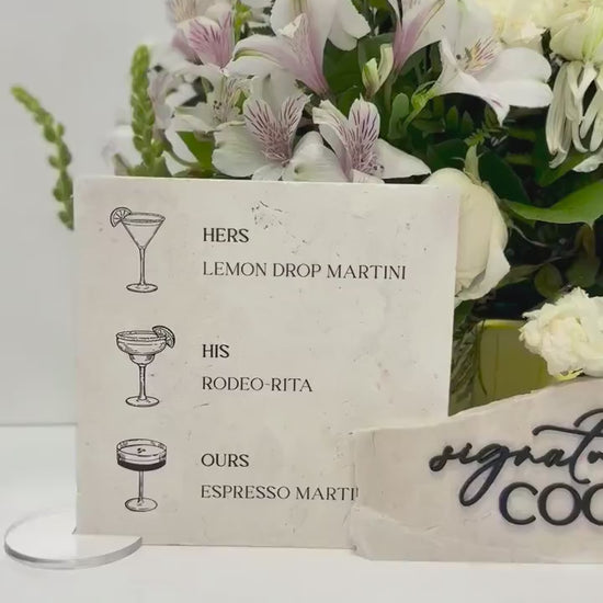Modern Marble Signature Cocktails Sign with Drink Illustrations | Wedding Bar Menu Sign | Stone Drink Menu | His Hers Ours Cocktails
