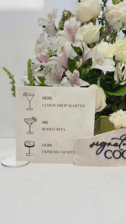 Modern Marble Signature Cocktails Sign with Drink Illustrations | Wedding Bar Menu Sign | Stone Drink Menu | His Hers Ours Cocktails