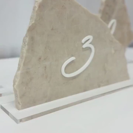 3D Marble Stone Acrylic Table Number Sign | Unique Wedding Signage | Custom Layered Decor | Travertine Marble | Modern Reception Decor