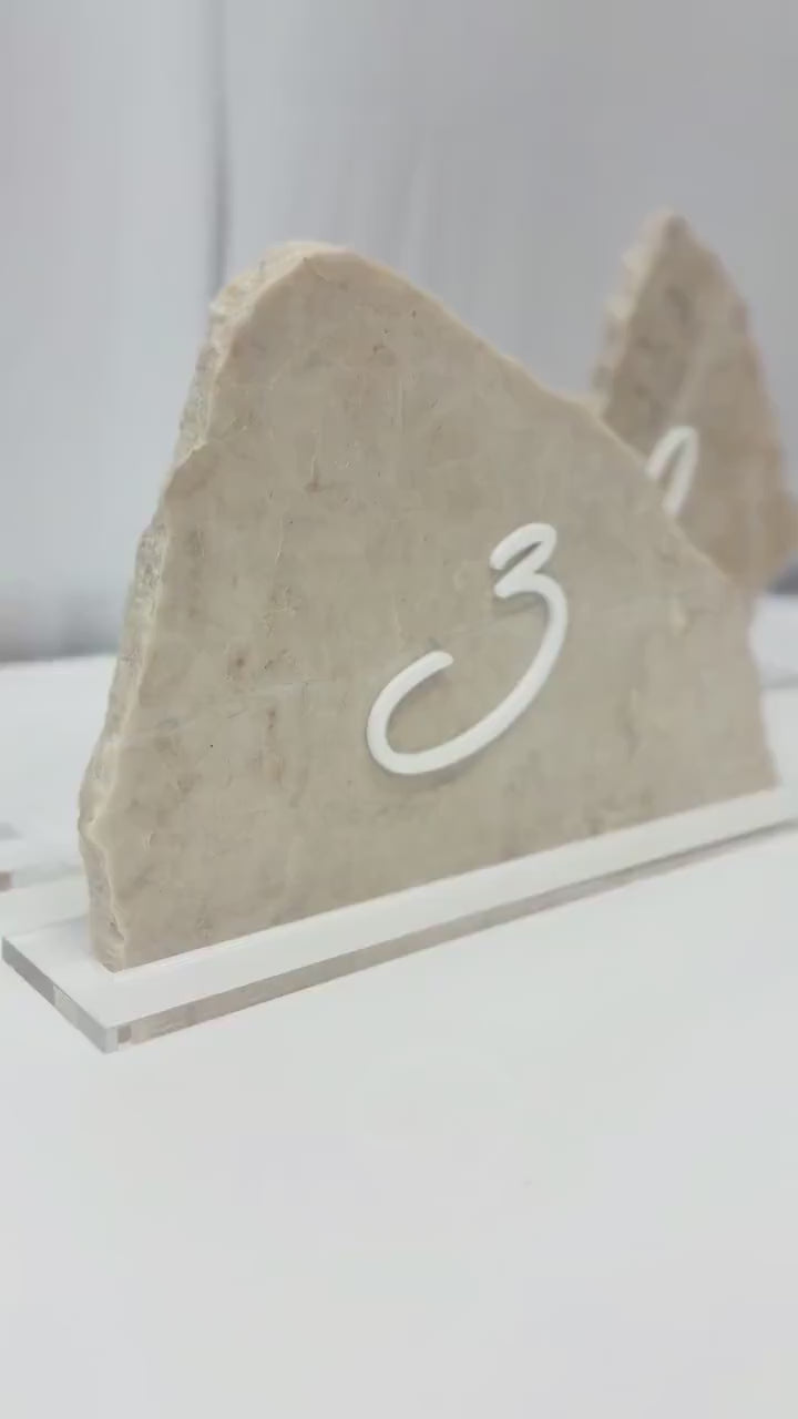 3D Marble Stone Acrylic Table Number Sign | Unique Wedding Signage | Custom Layered Decor | Travertine Marble | Modern Reception Decor