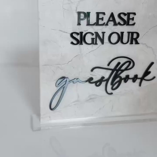 Marble 3D Please Sign Our Guestbook Table Sign | Wedding Sign | Modern Wedding Decor | Favor Sign | Party Tabletop Signs | Gold Mirror