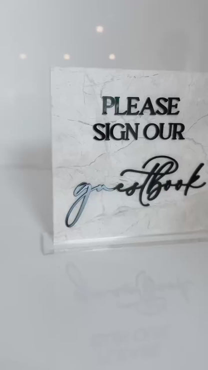 Marble 3D Please Sign Our Guestbook Table Sign | Wedding Sign | Modern Wedding Decor | Favor Sign | Party Tabletop Signs | Gold Mirror