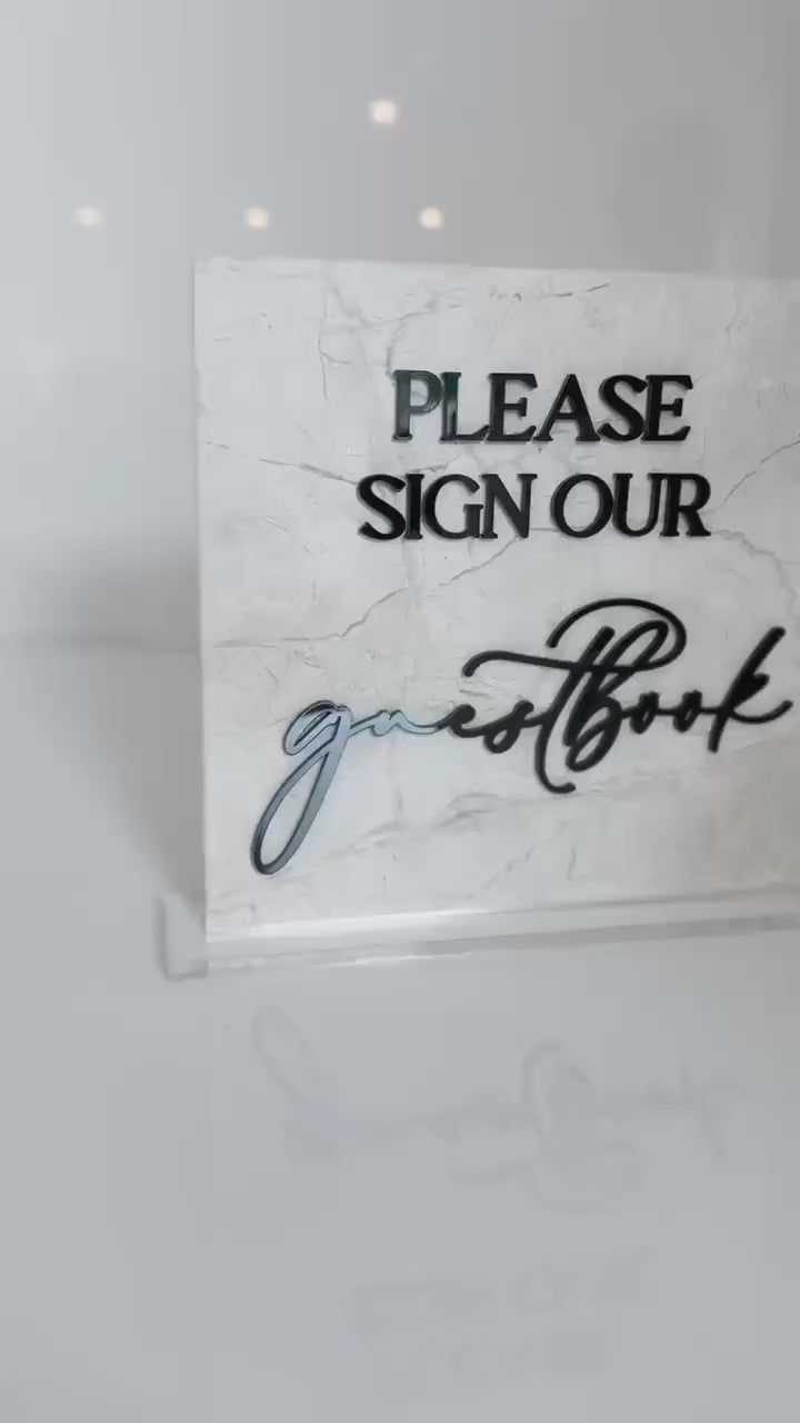 Marble 3D Please Sign Our Guestbook Table Sign | Wedding Sign | Modern Wedding Decor | Favor Sign | Party Tabletop Signs | Gold Mirror