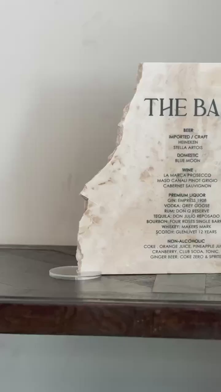 Luxury Marble Stone Bar Sign – Natural Edge Menu Sign | Wedding Bar Menu | Custom UV Print Drink | Real Marble Stone Decor by Luxe Lines