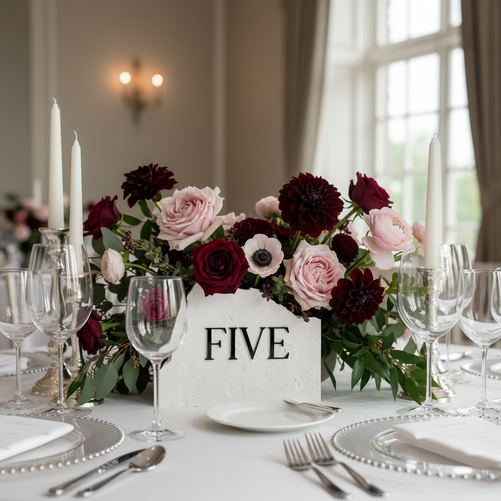 Table Number with Burgundy and Blush Flowers
